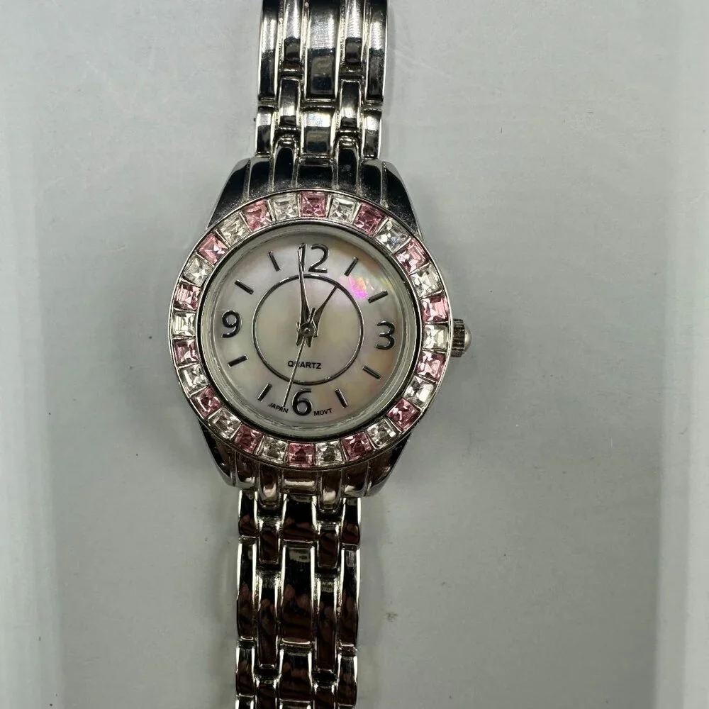 M. Z. Berger Watch Women Silver Tone Pink White Crystal Bezel New Battery